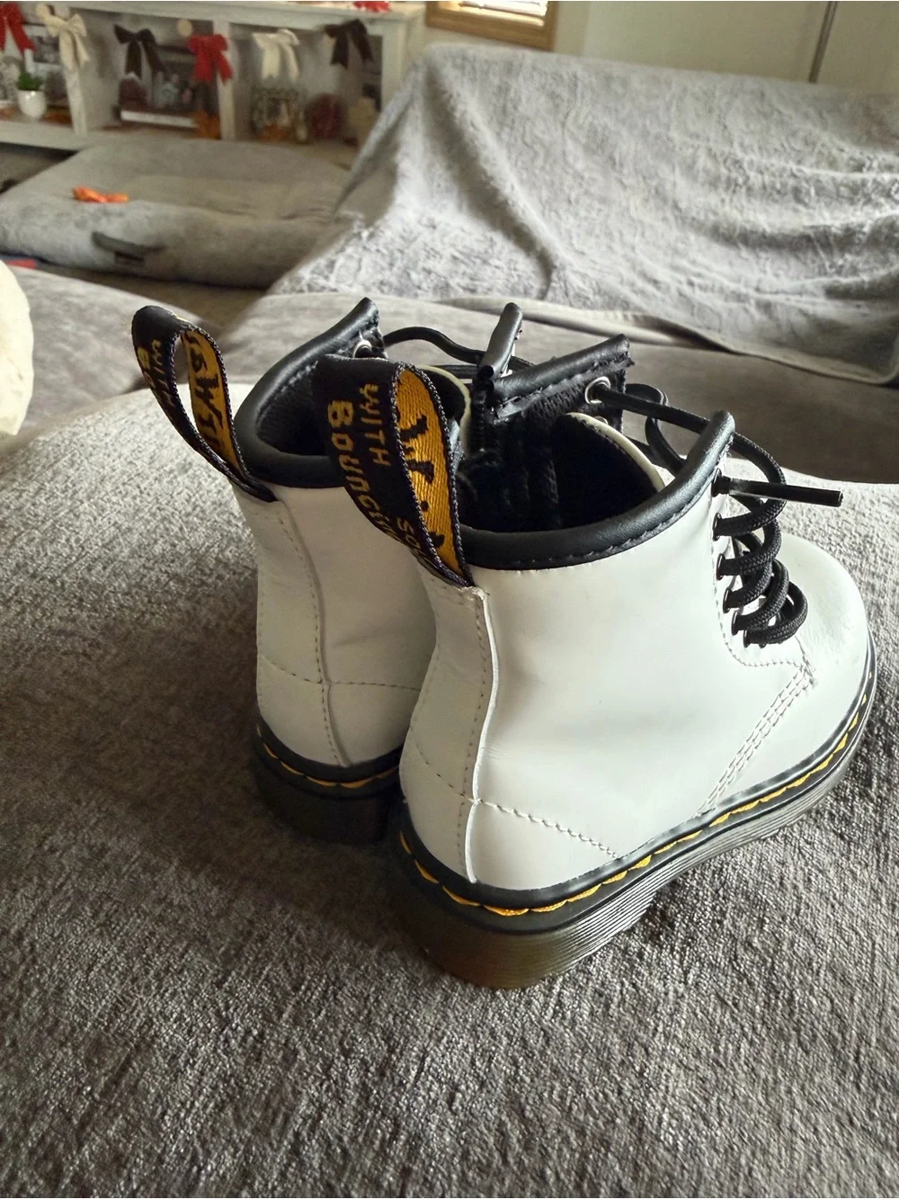 Dr. Martens White Leather Lace-Up Combat Boots with Black Laces